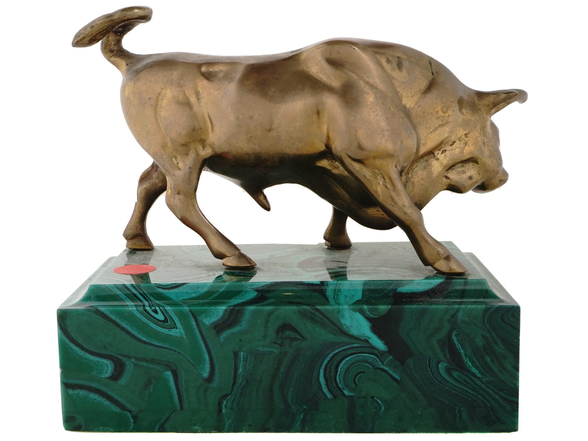 RUSSIAN BRONZE FIGURE OF BULL ON MALACHITE STAND PIC-3